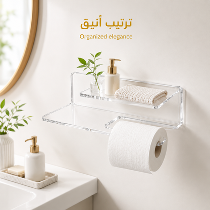 Bathroom shelf with toiletries and plants on a white wall