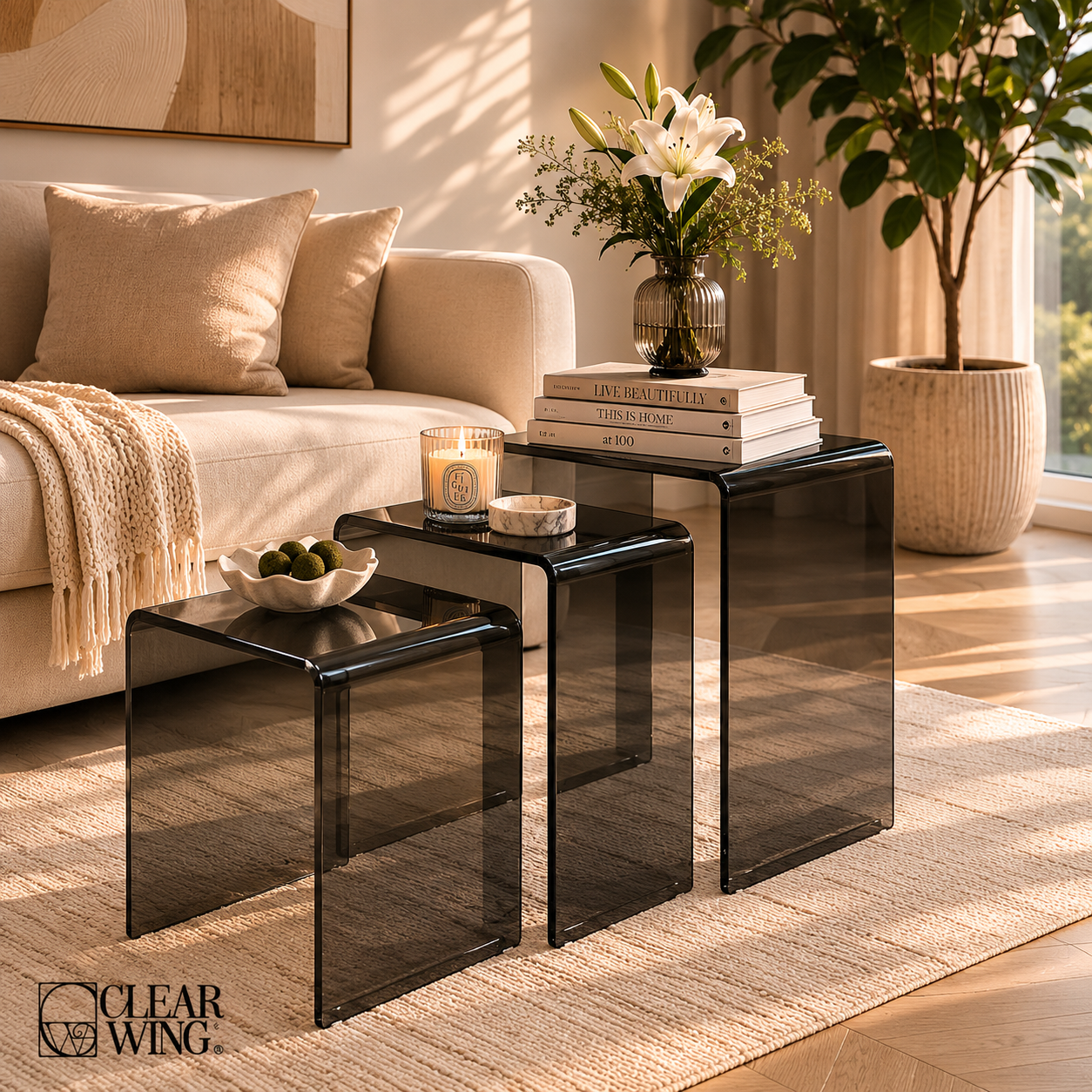 Acrylic Plexi Smoked Nesting Set of 3 Tables